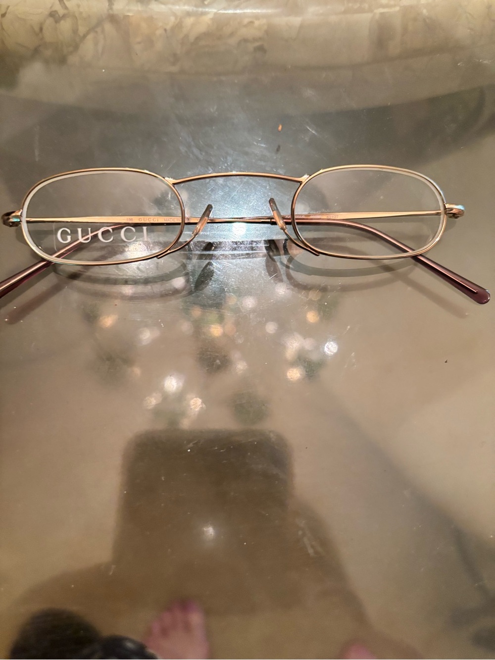 Gucci Gold Thin Oval Frame Eyeglasses with Brown Temples